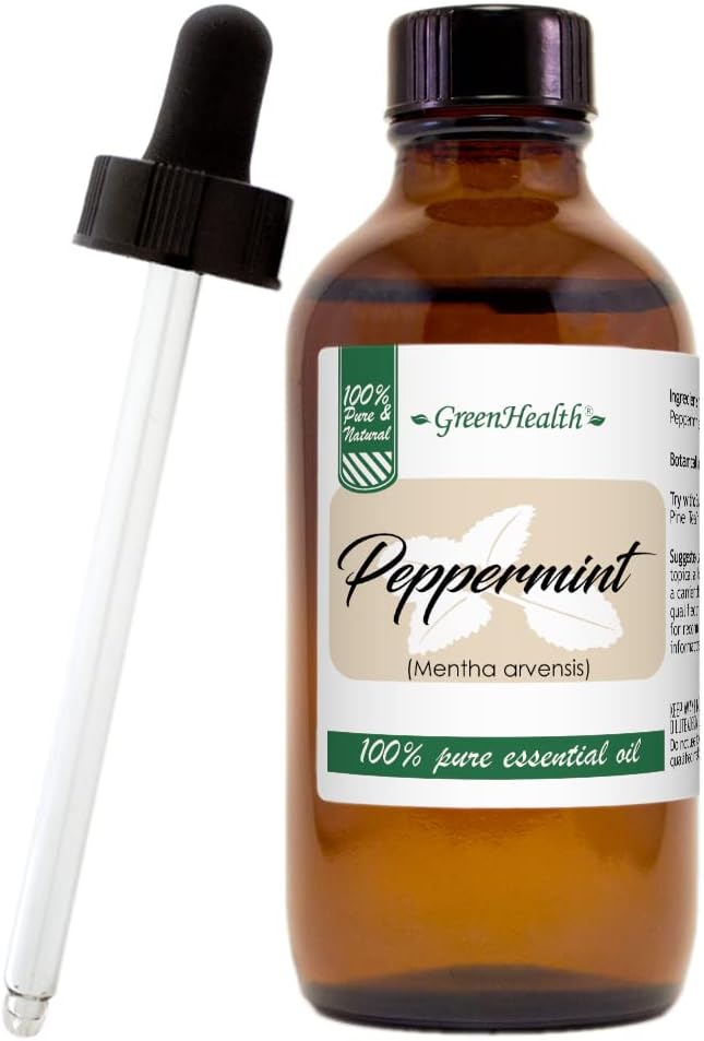 GreenHealth Peppermint Essential Oil 4 fl oz - 100% Pure Essential Oil - Amber Glass Bottle w/Glass Dropper - Fresh Mint Aroma for Diffusers, Candles, Soap Making, DIY Use