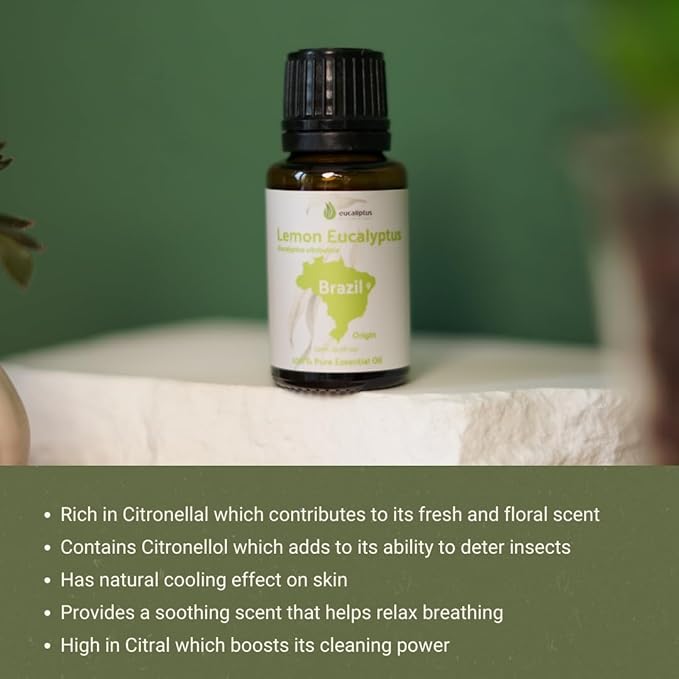 Lemon Eucalyptus Oil by Eucaliptus from Brazil - Pure Lemon Eucalyptus - 100% Pure Steam Distilled Natural Aceite de Eucalipto Limón - Aromatherapy - Premium Therapeutic Grade (15ml)