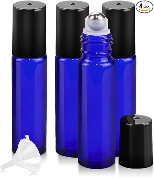 Worldgsb 4 Pack Essential Oil Roller Bottles, 10ml Refillable Blue Glass Roller Bottles with Stainless Steel Roller Balls and Caps for Travel, Perfume and Lip Gloss