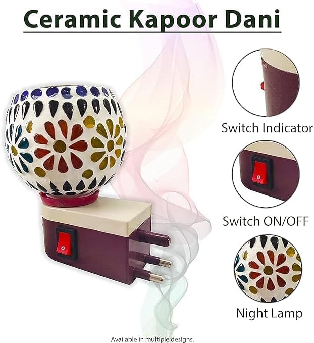 Electric Ceramic Multicolor Camphor Diffuser Incense Burner Holder Kapoor Dani with Night Lamp for Home by The Great Indian Store