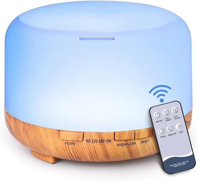Magic Mist Essential Oil Diffuser 500ml – Ultrasonic Aromatherapy Diffuser with Remote Control, Timer, Auto Shut-Off, Quiet Operation for Home Office Bedroom (Yellow Wood Grain)