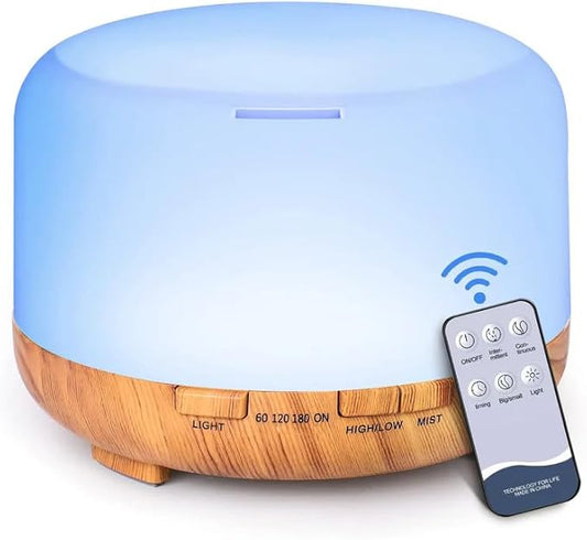 Magic Mist Essential Oil Diffuser 500ml – Ultrasonic Aromatherapy Diffuser with Remote Control, Timer, Auto Shut-Off, Quiet Operation for Home Office Bedroom (Yellow Wood Grain)