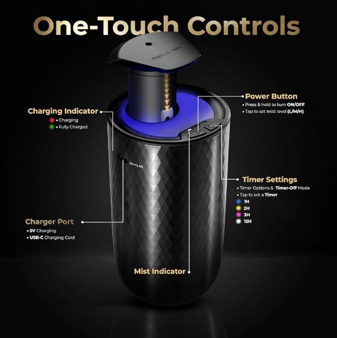 Waterless Essential Oil Diffuser – Portable Cordless Aromatherapy Diffuser for Home, Car, Office – 3 Mist Levels - 4 Timer Modes - 15ml Oil Capacity - USB-C Rechargeable