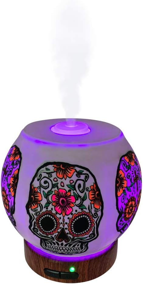 Essential Oil Diffuser Ultrasonic Handcrafted 120ml Aroma Essential Oil Cool Mist Humidifier with Adjustable Mist Mode, Auto Shut-Off and 7 Color LED Lights Changing (Sugar Skull)