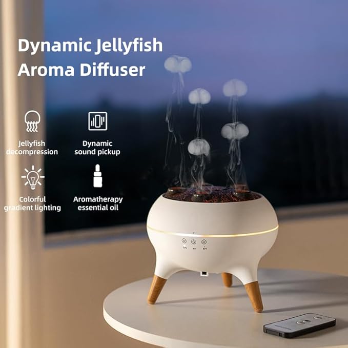 Dynamic Jellyfish Diffuser, 250ML Cool Mist Humidifier with 7 Color-Changing Lights, Smoke Ring Effect, Remote Control and 4/8H Timer Setting for Home Bedroom Office Yoga,Auto Shut-Off