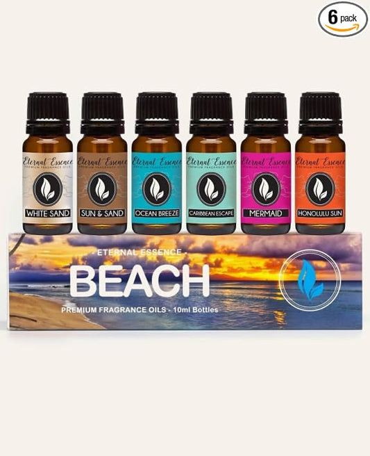 Eternal Essence Oils Beach Set of 6 Premium Fragrance Oils - Includes White Sand, Ocean Breeze, Honolulu Sun, Mermaid, Caribbean Escape, and Sun & Sand Scented Oils - 10ML