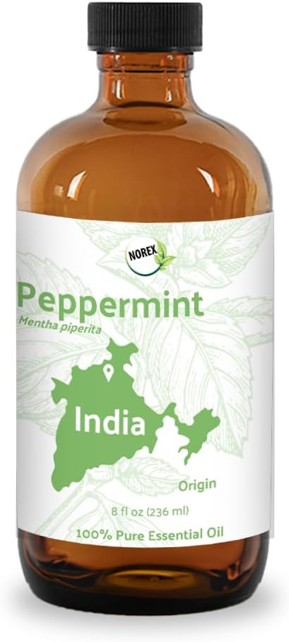 Peppermint Essential Oil - Direct from Norex Flavours India - Steam Distilled - Aceite Esencial de Menta for Aromatherapy, Massage, Diffuser, DIY Candle and Soap Making - 8oz
