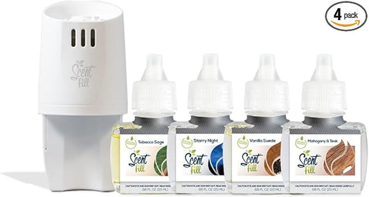 Scent Fill Masculine Kit (Tobacco Sage, Starry Night, Vanilla Suede, and Mahogany Teak), 4 Refills & 1 Diffuser