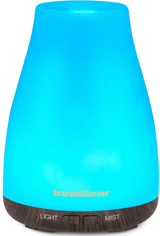 InnoGear Essential Oil Diffuser, Ultrasonic Diffusers for Home Aromatherapy Humidifier for Mother's Gift Bedroom Room 7 Colors LED 2 Mist Mode Auto Off, Brown Base