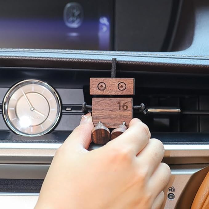 Car Air Diffuser - 2-in-1 Shaking Wooden Man Figurine & Refillable Aroma Vent Clip with 5ml Capacity + 5 Sticks, Walnut Wood Essential Oil Air Freshener, Car Dashboard Decor Gift for Driver