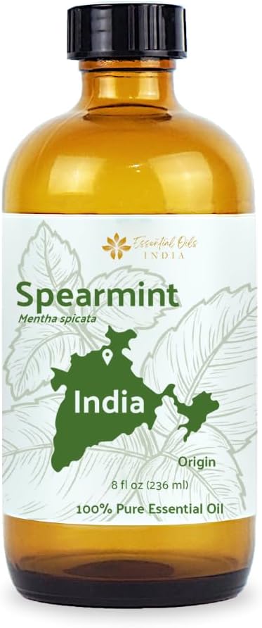Spearmint Essential Oil - Direct from Essential Oils India - Steam Distilled - Aceite Esencial de Menta Verde for Aromatherapy, Massage, Diffuser, DIY Candle and Soap Making - 8oz