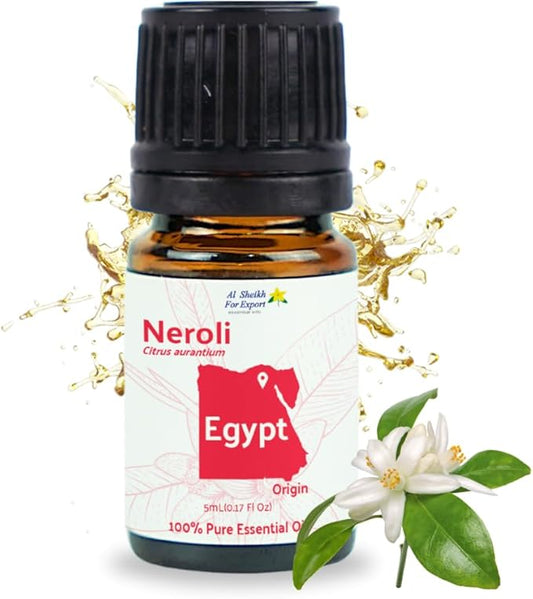 Neroli Essential Oil - Direct from Al Sheikh for Export Egypt - Steam Distilled - Aceite de Neroli for Aromatherapy, Massage, Diffuser, DIY Candle and Soap Making - 5ml