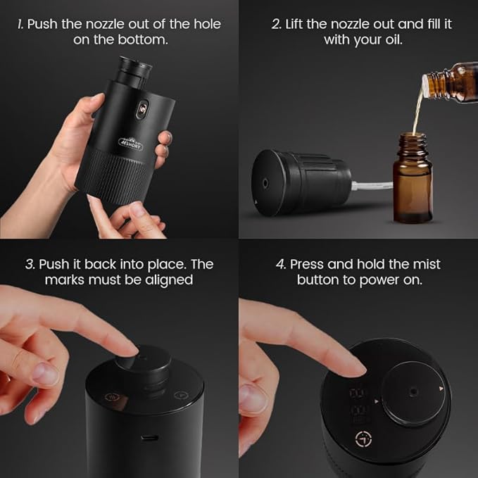 Waterless Diffuser for Essential Oil, Car Diffsuer, Aluminum Alloy & Fabric, 0.33 Fl Oz/ 10mL, Waterless Diffusers, Scent Diffuser with Timer & 4 Mist Levels for Home, Room, Car, Office - Black