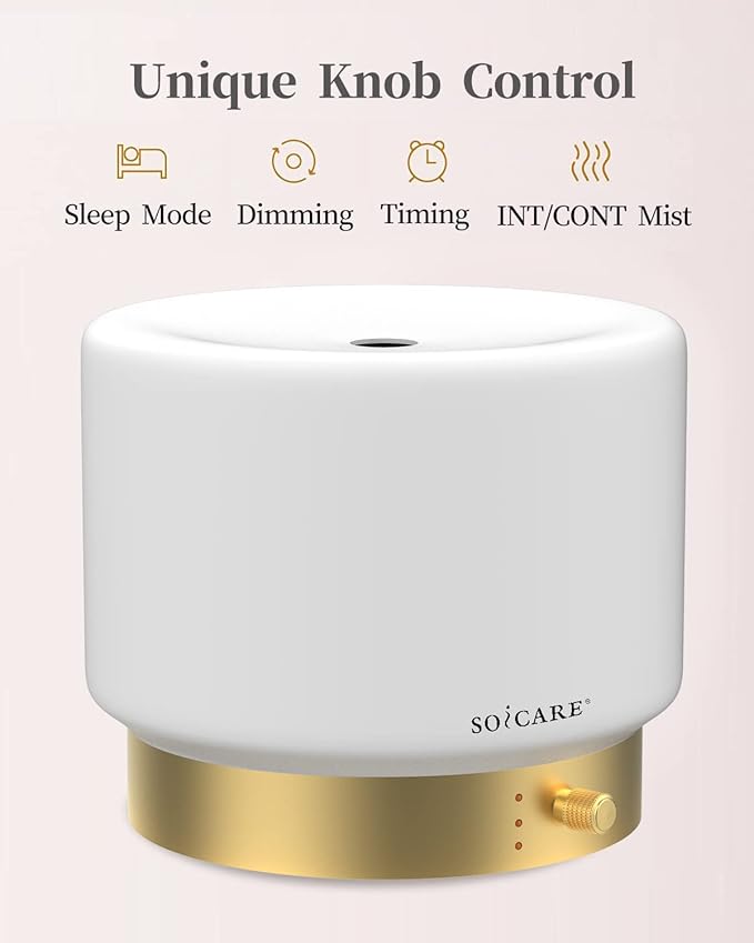 SOICARE Glass Diffuser with Luxury Alloy Base(Gold), All-in-one Room Decor Aromatherapy Oil Diffusers for Essential Oils, Air Scent Essential Oil Diffuser Humidifier,Dimmable Warm Light (280ML)