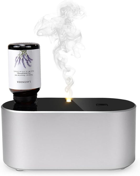 Lecdura Waterless Diffuser for Essential Oil, Battery Operated Scent Air Aromatherapy Diffuser, Mini Aroma Diffusers with 3 Intermittent Mist Modes, Cycle Start for Home Office Bedroom - Silver