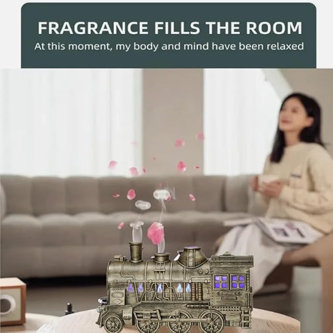 Retro Train Essential Oil Diffuser Humidifier 300ML - Steam Engine Cool Mist Humidifier with Dual Mist Modes & Auto Shut-Off, Quiet Aromatherapy Diffuser with Night Light for Home Office Decor