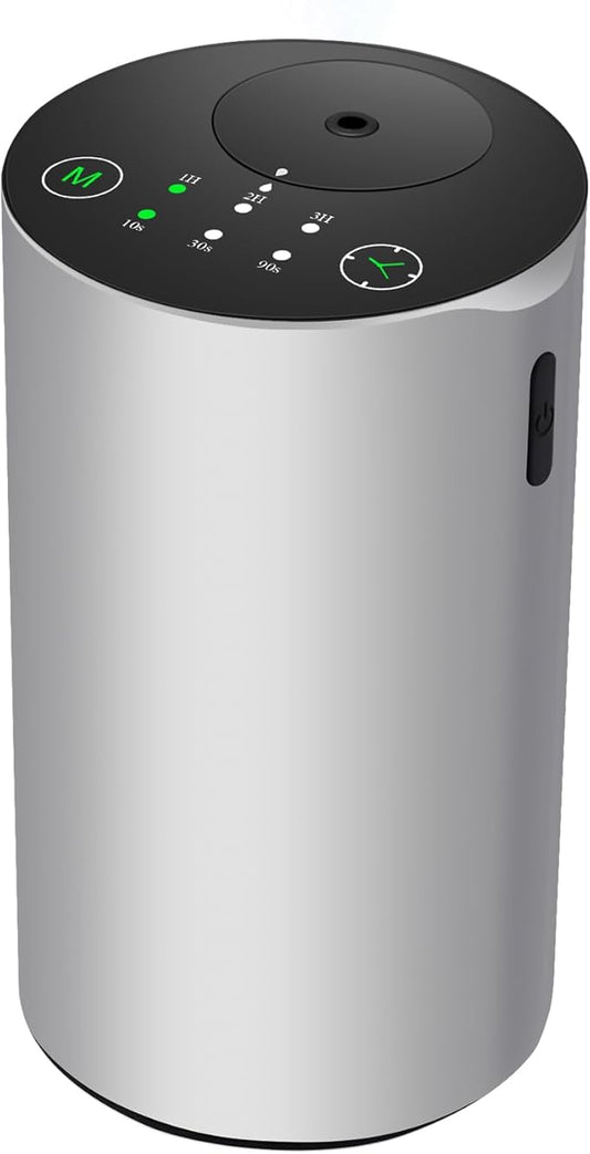 Waterless Essential Oil Diffuser, 7 Colors LED Light, Battery Powered Mini Scent Air Machine, Aromatherapy Mist Diffuser for Home Room Car Office，Black Aluminum Alloy (Silver)