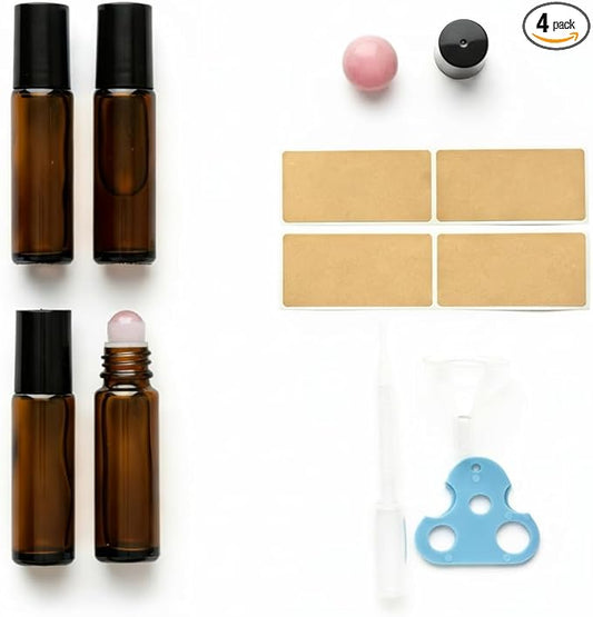 4 PACK Roller Bottles for Essential Oils with Natural Jade Roller Balls, 10ml Refillable Amber Glass, Leak-Proof Travel Size Roll On Bottles for Aromatherapy, DIY Perfume & Gifts (10ml Black Lid )