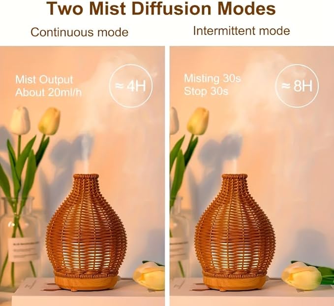 Essential Oil Diffuser - Rattan Humidifier,Multifunction Aromatherapy Diffuser with Warm Light 80ML Cool Mist Humidifier Waterless Auto Shut-off for Home,Baby Bedroom,Office