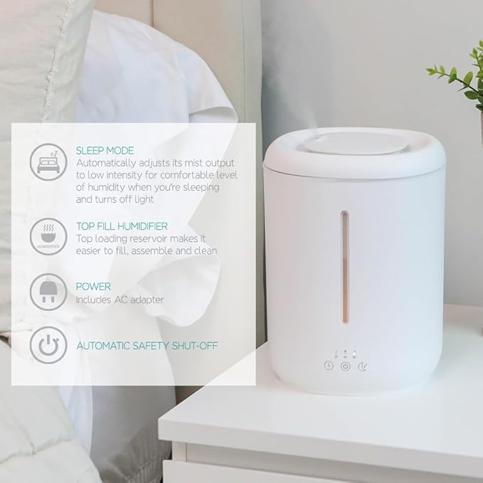 EssentialMist Essential Oil Humidifier and Diffuser, 3 Timer Settings, Night Light Mode, White
