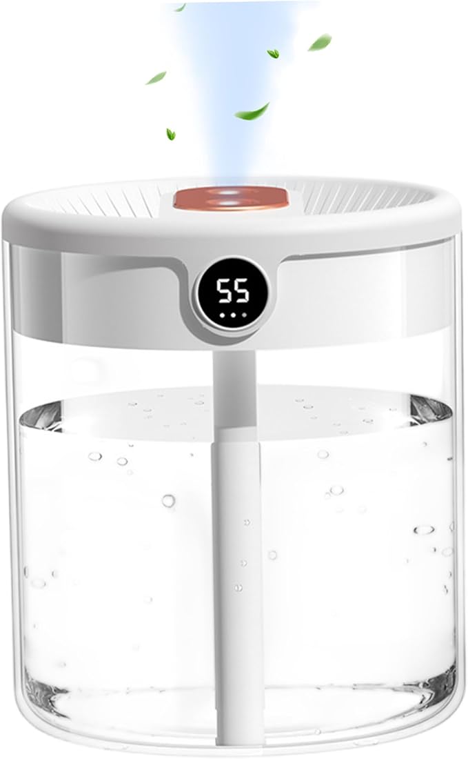 Air Humidifier with Humidity Display, 2L Mute Clear Cool Mist Diffuser with 3 Modes, Dual Spray & Light for Bedroom, Car, Baby Nursery, Office, Indoor Plants