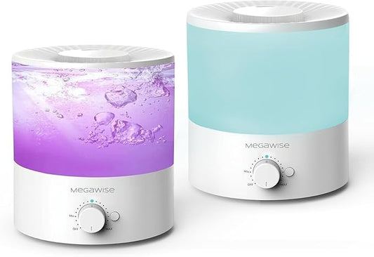MegaWise Cool Mist Humidifiers for Babies, Bedroom, Nursery, Home and Office | Super Quiet Ultrasonic Vaporizer, Large Top-Refill 1.5L, Essential Oil Diffuser, Auto Off, Easy Clean (2 Pack)