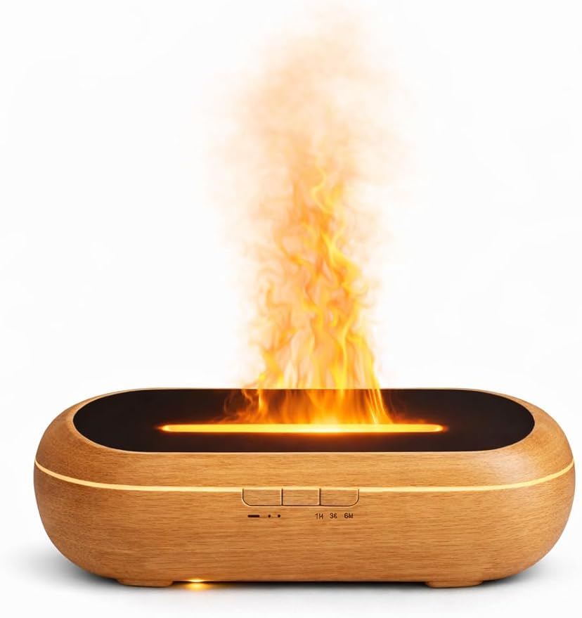 AquaAura Flame Effect Diffuser, 160ml Essential Oil Diffuser with Realistic Flame Mist, 7 LED Colors, Timer & Auto Shut-Off for Bedroom, Home, Office