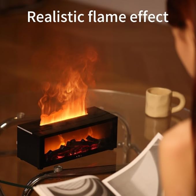 Fireplace Oil Diffuser, Mini Fireplace Diffuser, Flame Fireplace Aromatherapy Diffuser, Flame Aroma Humidifier Diffuser with Remote, Timer and Auto-Off for Home Room Office (White)