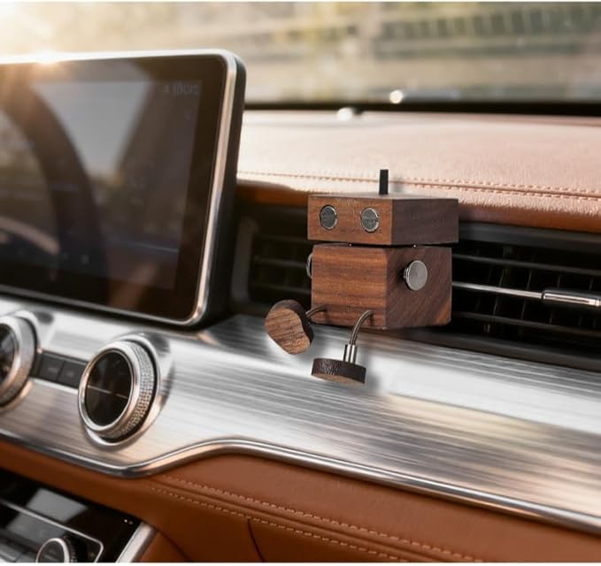 Car Air Diffuser - 2-in-1 Shaking Wooden Man Figurine & Refillable Aroma Vent Clip with 5ml Capacity + 5 Sticks, Walnut Wood Essential Oil Air Freshener, Car Dashboard Decor Gift for Driver