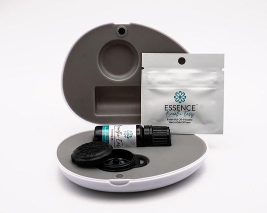 Essence Pearl Travel Case | Breathe Easy Essential Oil | Aromatherapy Nasal Diffuser & Essential Oil Carrying Case | Peppermint & Eucalyptus Blend | Travel-Friendly Kit | Black Pod