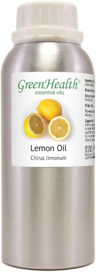 GreenHealth Lemon Essential Oil 8 fl oz (237 ml) – 100% Pure – Aluminum Bottle w/Plug Cap – Fresh Citrus Aroma for Diffusers, Candle & Soap Making, DIY Crafts (Pack of 2)