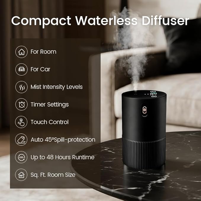 Waterless Diffuser for Essential Oil, Car Diffsuer, Aluminum Alloy & Fabric, 0.33 Fl Oz/ 10mL, Waterless Diffusers, Scent Diffuser with Timer & 4 Mist Levels for Home, Room, Car, Office - Black
