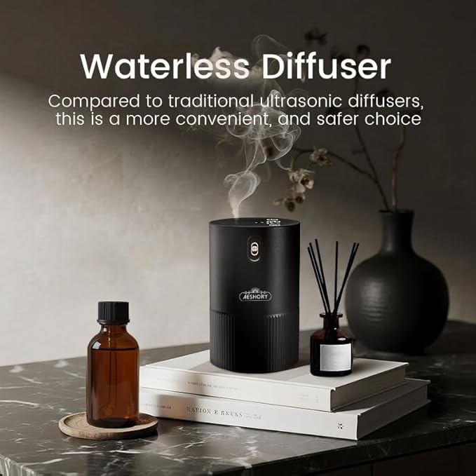 Waterless Diffuser for Essential Oil, Car Diffsuer, Aluminum Alloy & Fabric, 0.33 Fl Oz/ 10mL, Waterless Diffusers, Scent Diffuser with Timer & 4 Mist Levels for Home, Room, Car, Office - Black