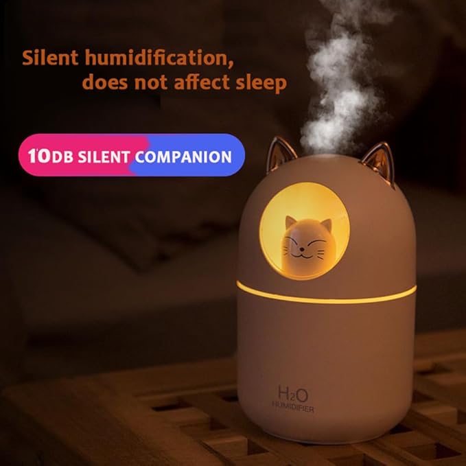 SOONHUA Cute Cat Essential Oil Diffuser, Mini Aromatherapy Air Humidifier, Cute Small Waterless Auto Off Diffusers for Home Bedroom White (300ml)