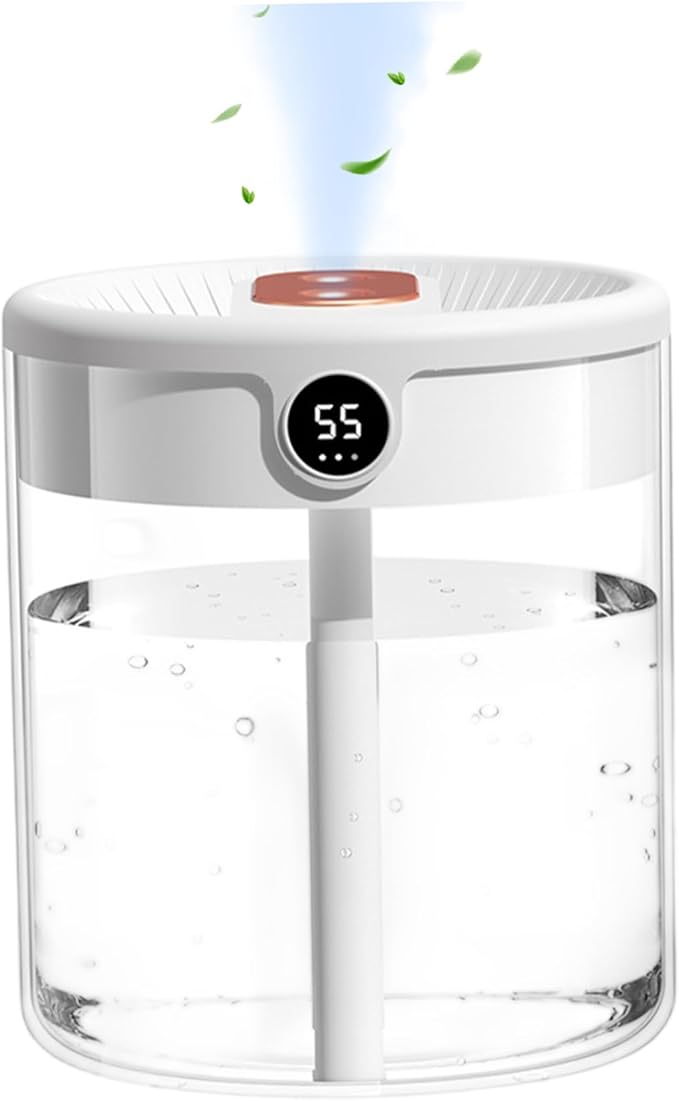 2L Cool Mist Air Humidifier with Humidity Display, 3 Modes, Dual Spray & Light, Silent Diffuser for Bedroom, Baby Nursery, Office, Car & Indoor Plants.