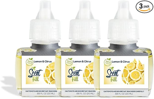 Scent Fill 100% Natural Lemon & Citrus Plug in Air Freshener, Scented Oil Refills, 3 Refills