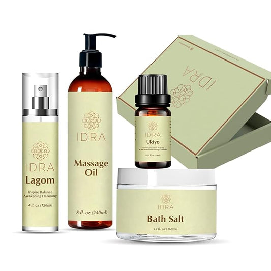 IDRA Deep Calm Ritual Set – Relaxing Bath & Body Gift Set with Dead Sea Bath Salts, Massage Oil, Face Mist & Essential Oil | Spa Self-Care Kit for Stress Relief & Better Sleep