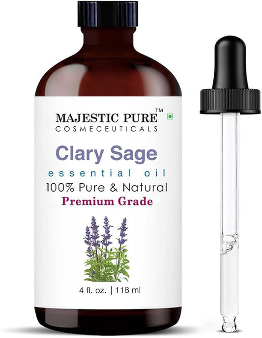 Majestic Pure Essential Oil with Glass Dropper - 100% Pure and Natural - Essential Oils for Diffuser, Aromatherapy, Soap and Candle Making, Clary Sage Essential Oil, Clary Sage Oil, 4 Fl Oz