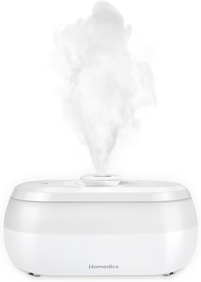 Homedics Ultrasonic Humidifier with Visible Cool Mist, 0.5-Gallon Top-Fill Tank, 3 Mist Settings, 360° Nozzle, 7-Color Night-Light, Aromatherapy Tray, Auto Shutoff, Filter-Free, Medium Rooms