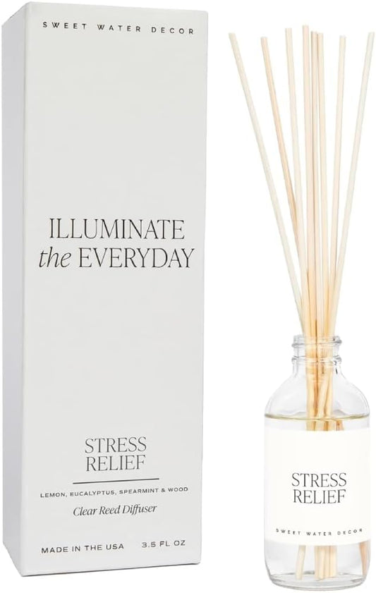 Sweet Water Decor Stress Relief Reed Diffuser Set - Eucalyptus, Spearmint, Citrus, Sage Scented Diffusers - Scent Diffusers for Home, Long Lasting Fragrance, Made in the USA