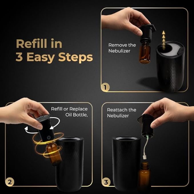 Waterless Essential Oil Diffuser – Portable Cordless Aromatherapy Diffuser for Home, Car, Office – 3 Mist Levels - 4 Timer Modes - 15ml Oil Capacity - USB-C Rechargeable