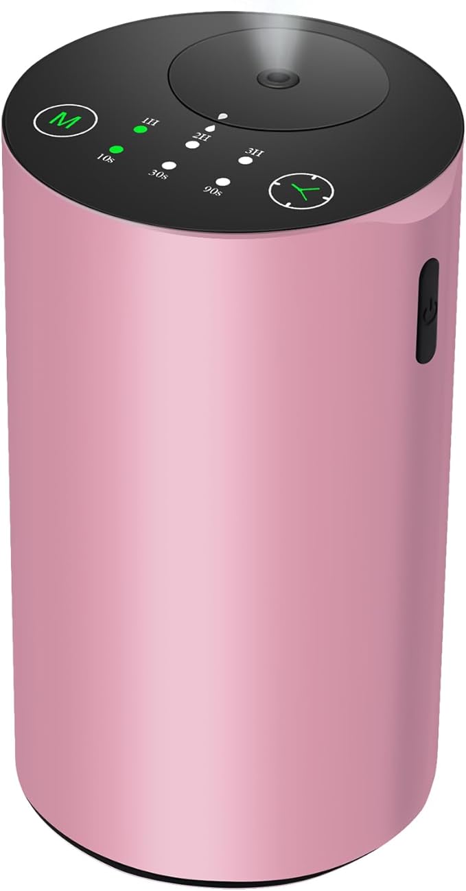 Waterless Essential Oil Diffuser, 7 Colors LED Light, Battery Powered Mini Scent Air Machine, Aromatherapy Mist Diffuser for Home Room Car Office，Black Aluminum Alloy (Pink)