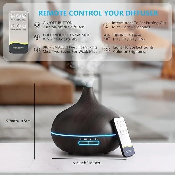 550ml ultrasonic Aromatherapy Essential Oil Diffuser with Remote Control, Dark Wood Grain, Including 6 Essential Oils, 4 Timer Settings, LED Light, Cold Mist humidifier