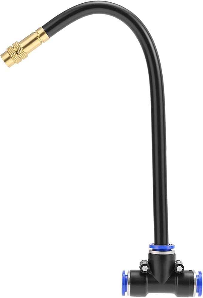 QWORK Brass Misting Nozzles Tee with 8" Built-in Hose, 5 Pack Brass Water Mister Nozzles Thread Sprayer 0.043", 360° Adjustable Rotation, Energy Efficient with Easy Installation