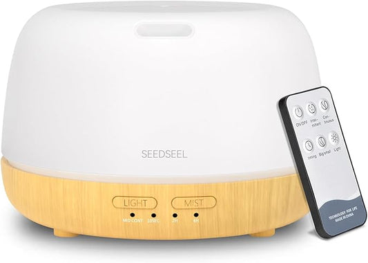 SEEDSEEL 300ML Essential Oil Diffuser,Quiet 8 Hours Operation, 7-Color LED Light, 4 Timer, Remote Control, Aromatherapy Diffuser Auto-Off, for Bedroom, Living Room, Office, Home