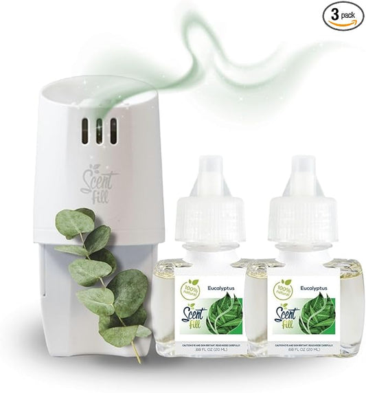 Scent Fill 100% Natural Eucalyptus Plug in Air Freshener, Scented Oil Refills, 2 Refills + Diffuser
