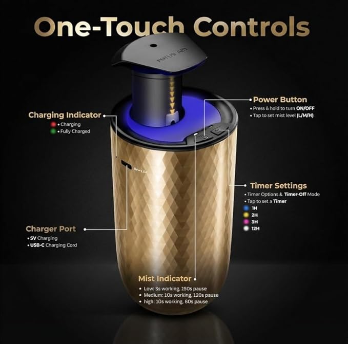Waterless Essential Oil Diffuser – Portable Cordless Aromatherapy Diffuser for Home, Car, Office – 3 Mist Levels - 4 Timer Modes - 15ml Oil Capacity - USB-C Rechargeable