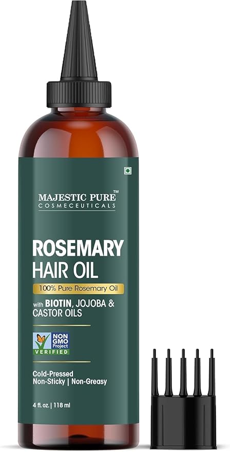 Majestic Pure 100% Pure Rosemary Oil for Hair Growth - Strengthening, Nourishing, Volumizing - Infused with Biotin Oil, Jojoba Oil & Castor Oil - Non GMO Verified - 4 Fl Oz - With Applicator