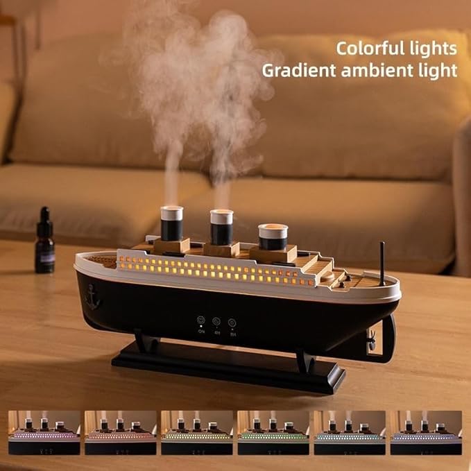 Essential Oil Diffuser, 250ml Ship Modelling Aromatherapy Ship Oil Diffuser Cool Mist Humidifier with Remote Control, for Home Office(Black)