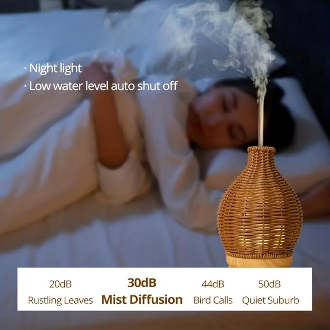 Essential Oil Diffuser - Rattan Humidifier,Multifunction Aromatherapy Diffuser with Warm Light 80ML Cool Mist Humidifier Waterless Auto Shut-off for Home,Baby Bedroom,Office